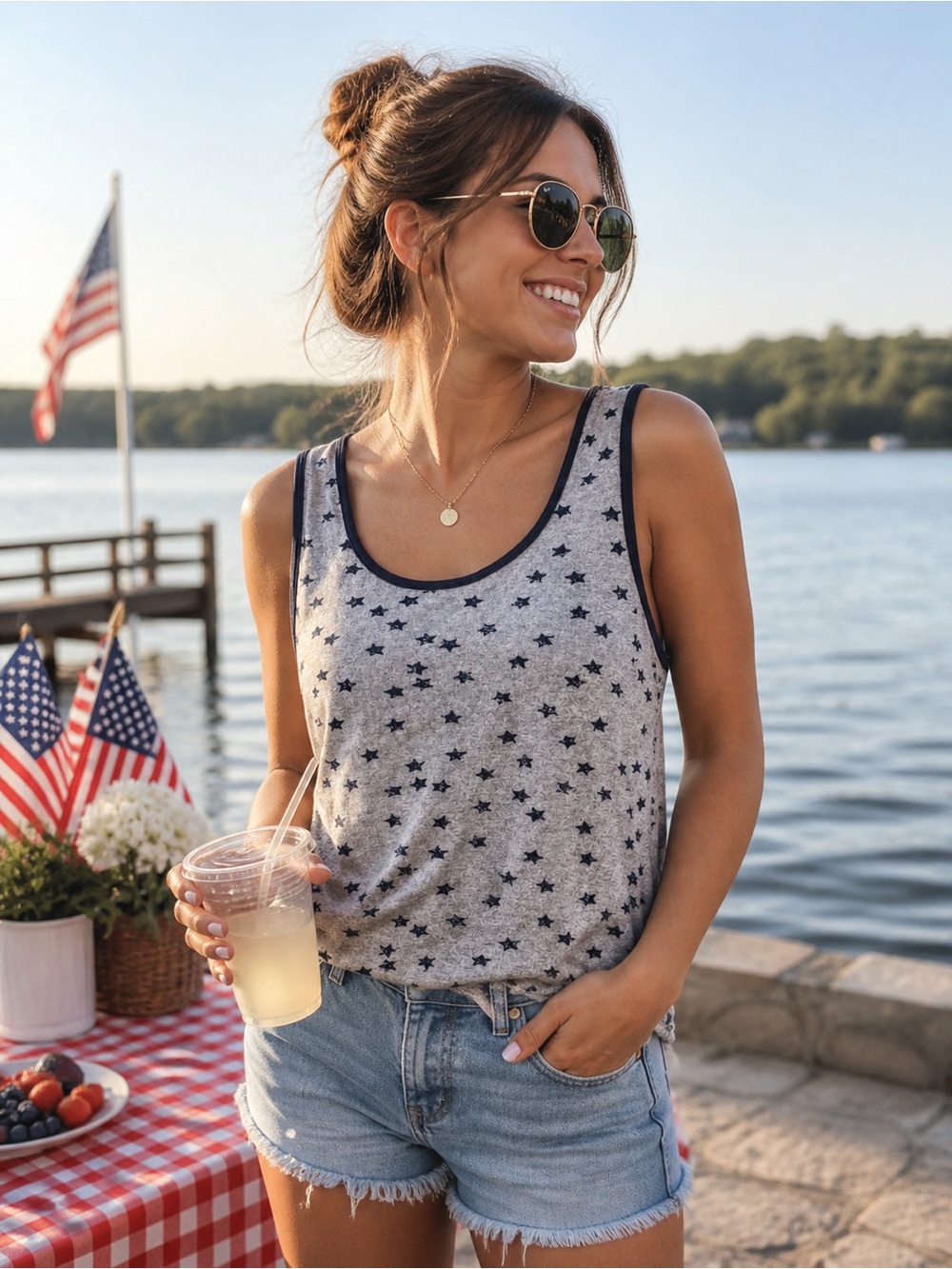 Lucky Brand Star Print Tank Top – Patriotic Americana Style SZ L America250
